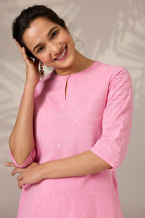 Okhai "Blushed" Hand-Embroidered Mirrorwork Pure Cotton Kurta Pant Set