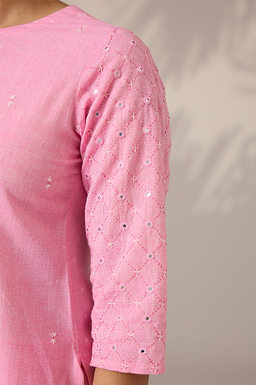 Okhai "Blushed" Hand-Embroidered Mirrorwork Pure Cotton Kurta Pant Set