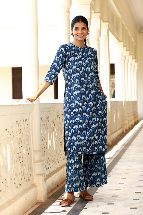 Okhai "Tarang" Hand-Embroidered Beadwork Pure Cotton Indigo Kurta Pant Set