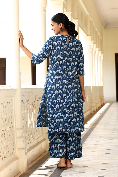 Okhai "Tarang" Hand-Embroidered Beadwork Pure Cotton Indigo Kurta Pant Set