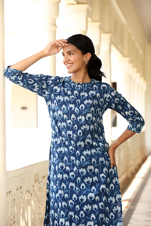 Okhai "Tarang" Hand-Embroidered Beadwork Pure Cotton Indigo Kurta Pant Set