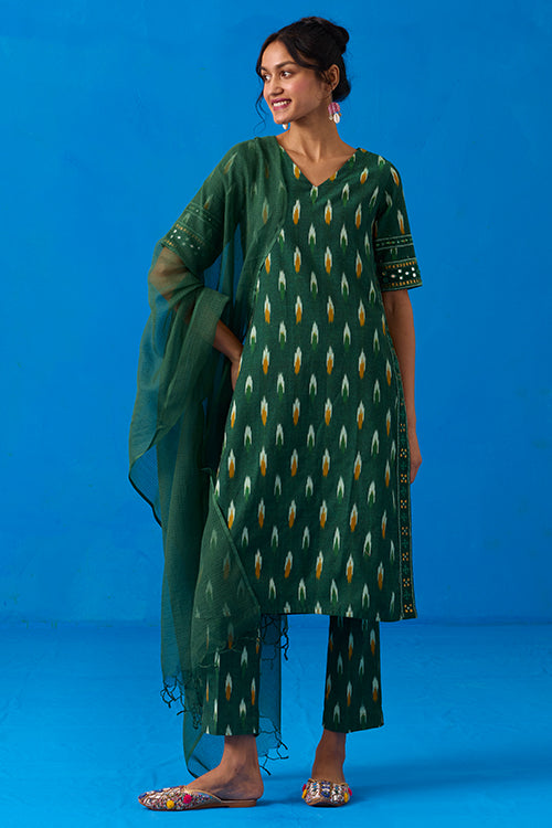 Okhai "Prairies" Hand-Embroidered Mirrorwork Pure Cotton Ikkat Kurta Pant Set with Dupatta