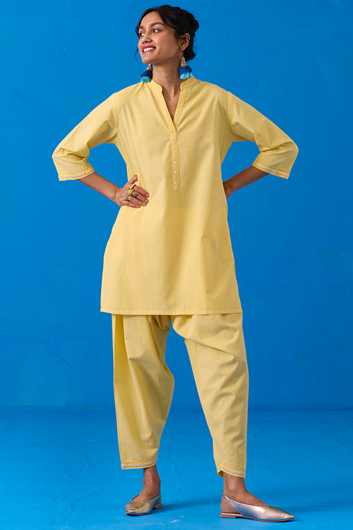 Okhai "Popsickle" Hand-Embroidery and Mirror Work Yellow Pure Cotton Kurta Salwar Set