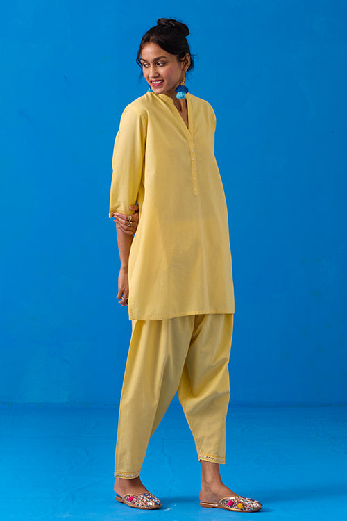 Okhai "Popsickle" Hand-Embroidery and Mirror Work Yellow Pure Cotton Kurta Salwar Set