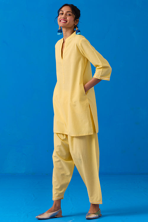 Okhai "Popsickle" Hand-Embroidery and Mirror Work Yellow Pure Cotton Kurta Salwar Set