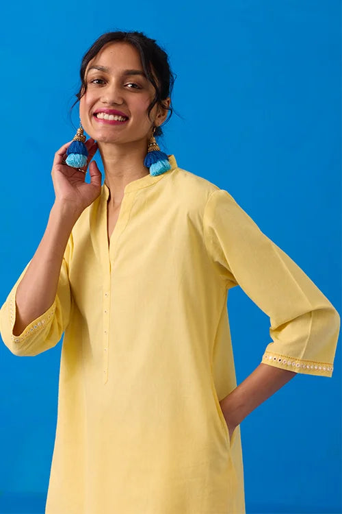 Okhai "Popsickle" Hand-Embroidery and Mirror Work Yellow Pure Cotton Kurta Salwar Set