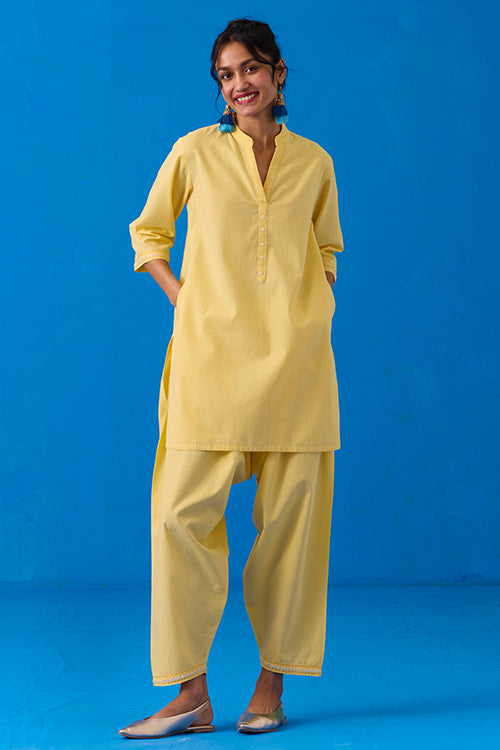 Okhai "Popsickle" Hand-Embroidery and Mirror Work Yellow Pure Cotton Kurta Salwar Set