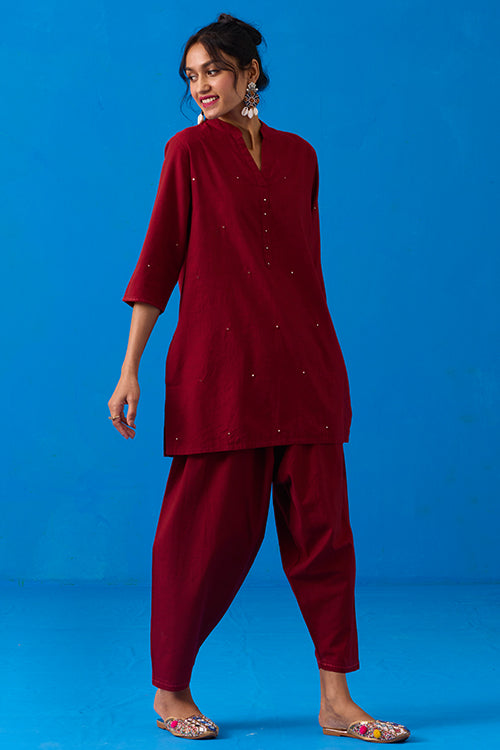 Okhai "Ishqiya" Hand-Embroidery and Mirror Work Maroon Pure Cotton Kurta Salwar Set