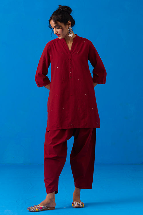 Okhai "Ishqiya" Hand-Embroidery and Mirror Work Maroon Pure Cotton Kurta Salwar Set