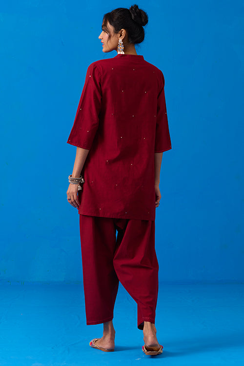 Okhai "Ishqiya" Hand-Embroidery and Mirror Work Maroon Pure Cotton Kurta Salwar Set