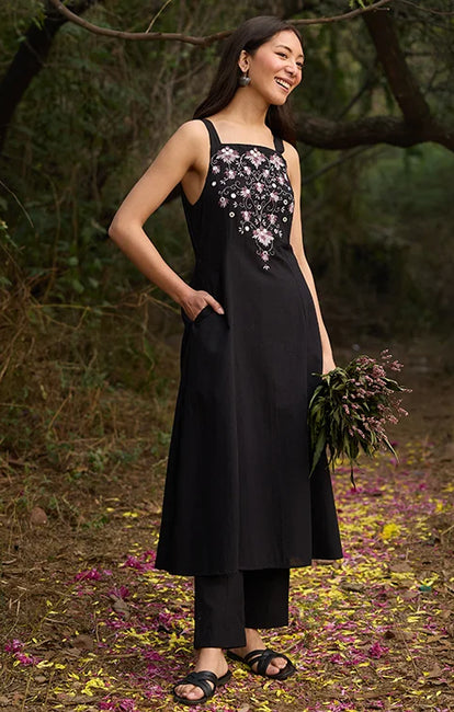 Okhai “Florence” Hand-Embroidered Mirrorwork Pure Cotton Black Kurta Pant Set
