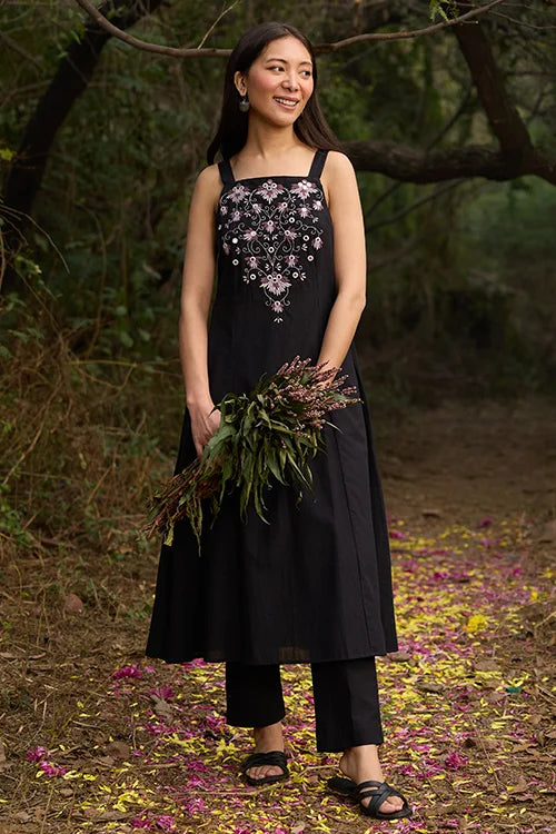 Okhai “Florence” Hand-Embroidered Mirrorwork Pure Cotton Black Kurta Pant Set