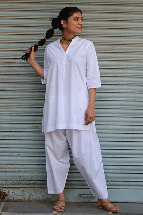 Okhai "Frost" Hand-Embroidered and Mirrorwork Pure Cotton White Kurta Salwar Set