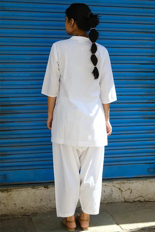 Okhai "Frost" Hand-Embroidered and Mirrorwork Pure Cotton White Kurta Salwar Set