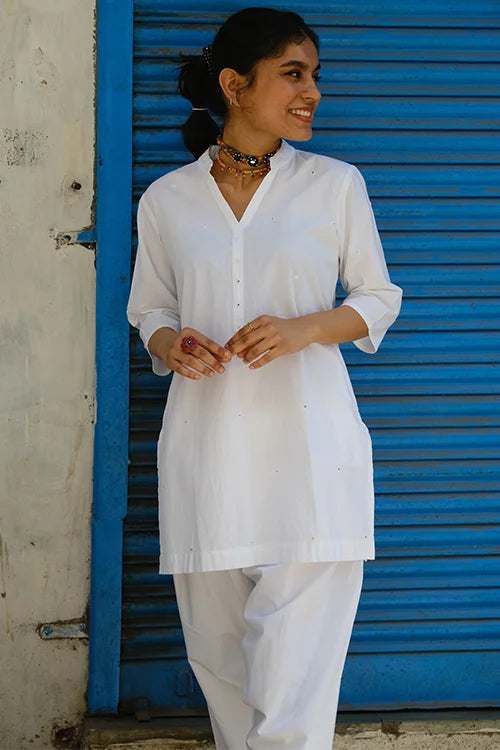 Okhai "Frost" Hand-Embroidered and Mirrorwork Pure Cotton White Kurta Salwar Set