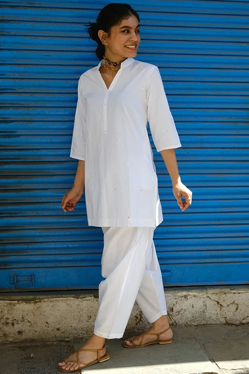 Okhai "Frost" Hand-Embroidered and Mirrorwork Pure Cotton White Kurta Salwar Set