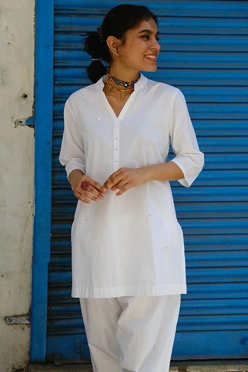 Okhai "Frost" Hand-Embroidered and Mirrorwork Pure Cotton White Kurta Salwar Set