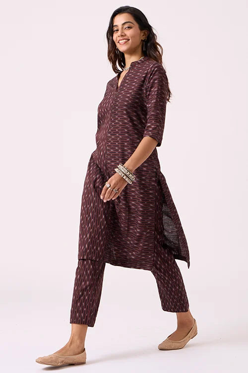 Okhai "Coffee" Pure Cotton Ikat Kurta Pant Set