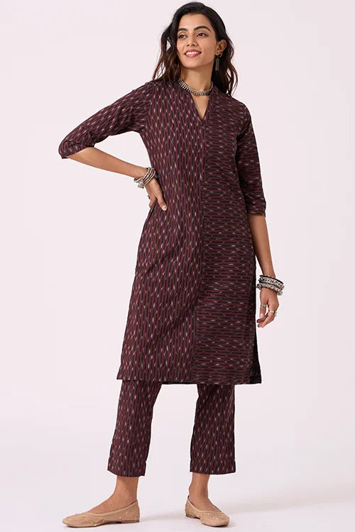 Okhai "Coffee" Pure Cotton Ikat Kurta Pant Set