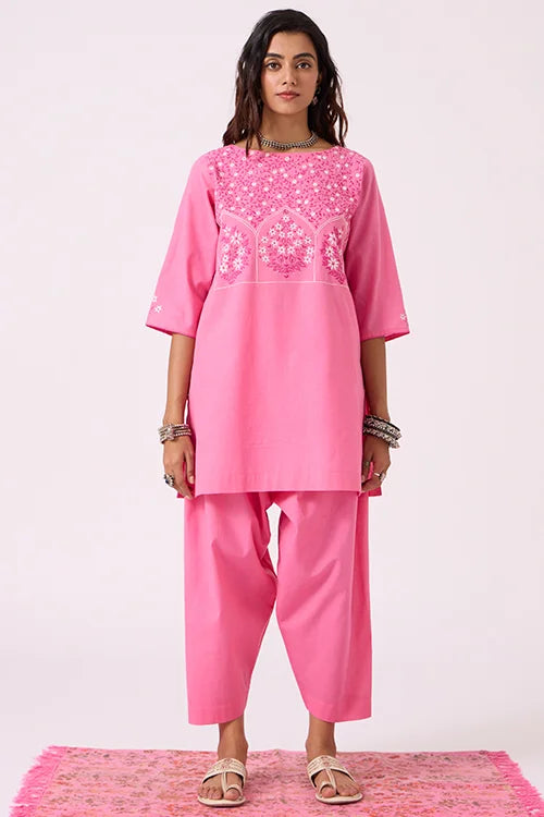 Okhai "Roseate" Hand-Embroidered and Mirrorwork Pink Pure Cotton Kurta Salwar Set