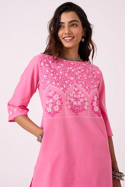 Okhai "Roseate" Hand-Embroidered and Mirrorwork Pink Pure Cotton Kurta Salwar Set