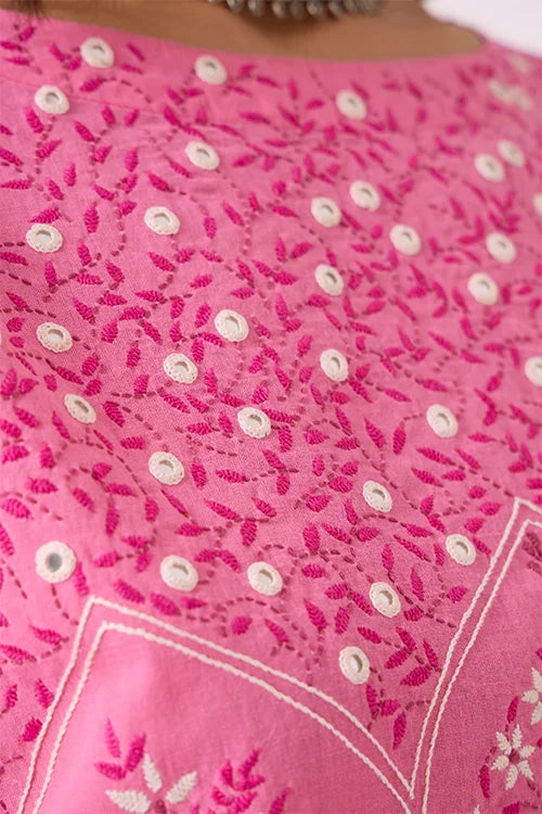 Okhai "Roseate" Hand-Embroidered and Mirrorwork Pink Pure Cotton Kurta Salwar Set
