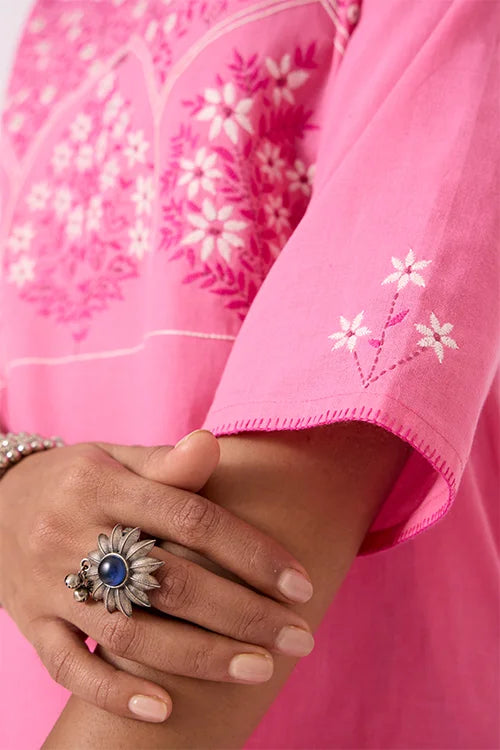 Okhai "Roseate" Hand-Embroidered and Mirrorwork Pink Pure Cotton Kurta Salwar Set