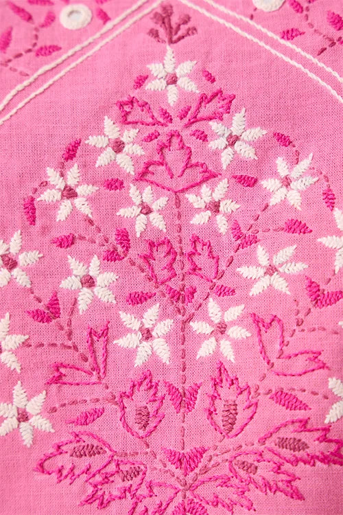 Okhai "Roseate" Hand-Embroidered and Mirrorwork Pink Pure Cotton Kurta Salwar Set