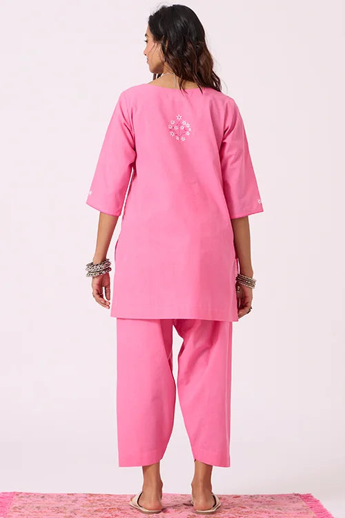 Okhai "Roseate" Hand-Embroidered and Mirrorwork Pink Pure Cotton Kurta Salwar Set