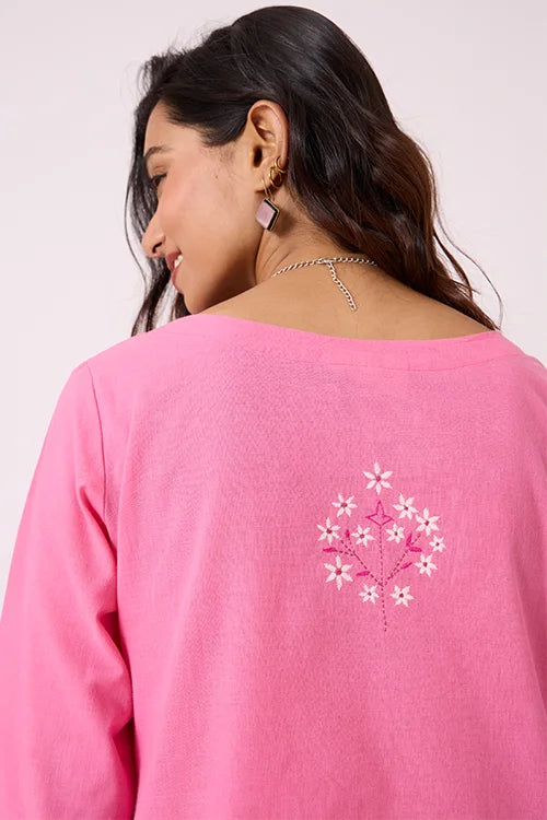Okhai "Roseate" Hand-Embroidered and Mirrorwork Pink Pure Cotton Kurta Salwar Set