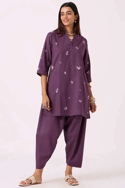 Okhai "Dusk Dreams" Hand-Embroidered Purple Pure Cotton Kurta Salwar Set