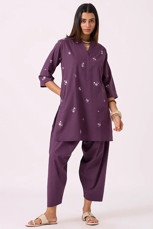 Okhai "Dusk Dreams" Hand-Embroidered Purple Pure Cotton Kurta Salwar Set