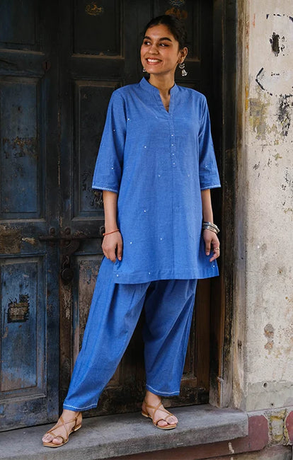 Okhai "Ariel" Hand-Embroidered and Mirrowork Blue Pure Cotton Kurta Salwar Set