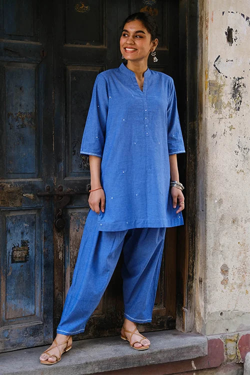 Okhai "Ariel" Hand-Embroidered and Mirrowork Blue Pure Cotton Kurta Salwar Set