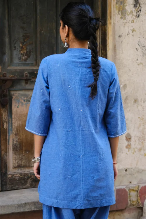 Okhai "Ariel" Hand-Embroidered and Mirrowork Blue Pure Cotton Kurta Salwar Set