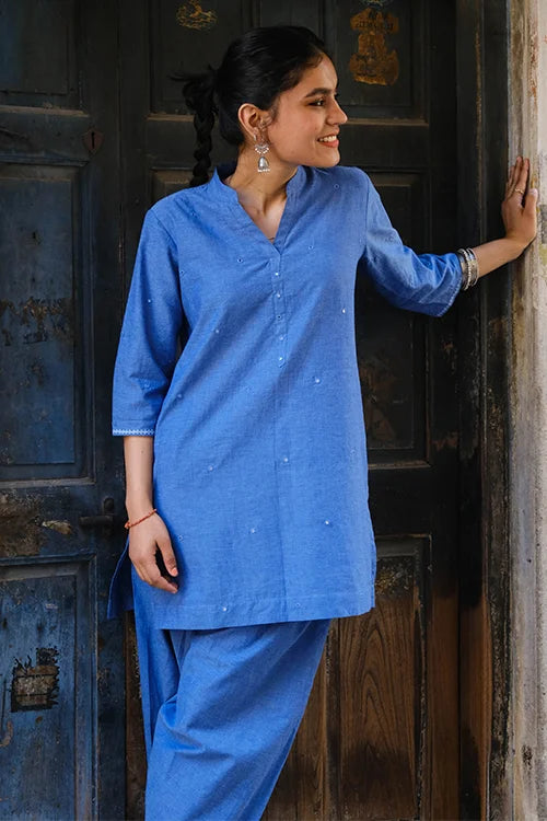 Okhai "Ariel" Hand-Embroidered and Mirrowork Blue Pure Cotton Kurta Salwar Set