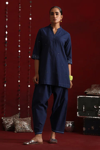 Okhai "Mahal" Hand-Embroidered Navy Blue Pure Cotton Kurta Salwar Set