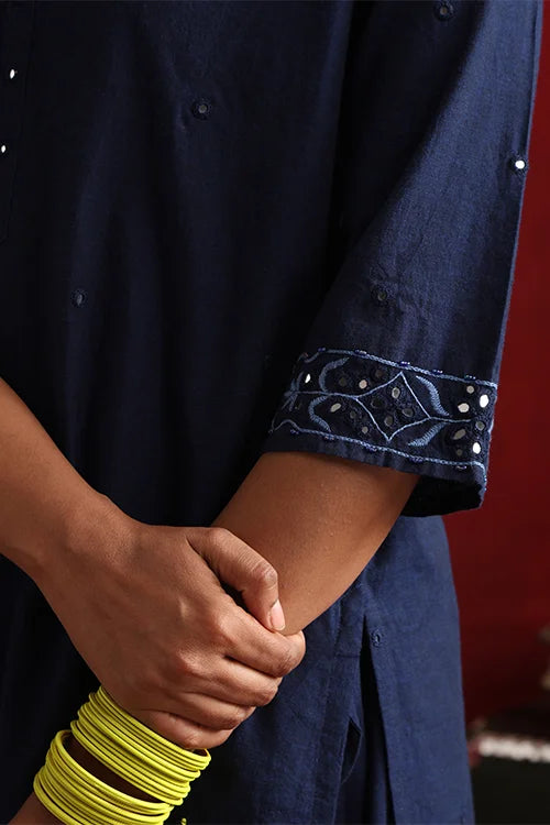 Okhai "Mahal" Hand-Embroidered Navy Blue Pure Cotton Kurta Salwar Set