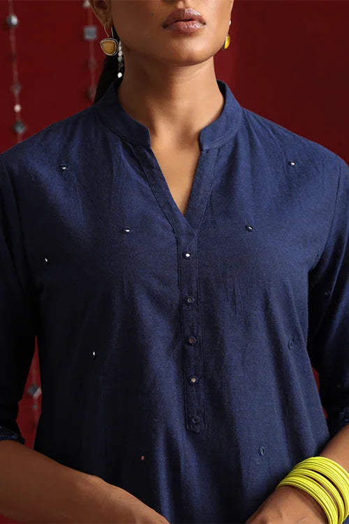 Okhai "Mahal" Hand-Embroidered Navy Blue Pure Cotton Kurta Salwar Set
