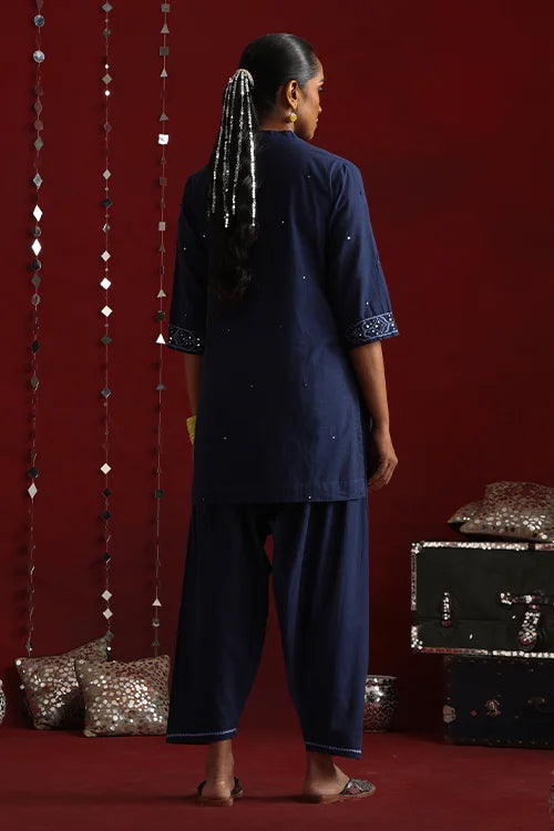 Okhai "Mahal" Hand-Embroidered Navy Blue Pure Cotton Kurta Salwar Set