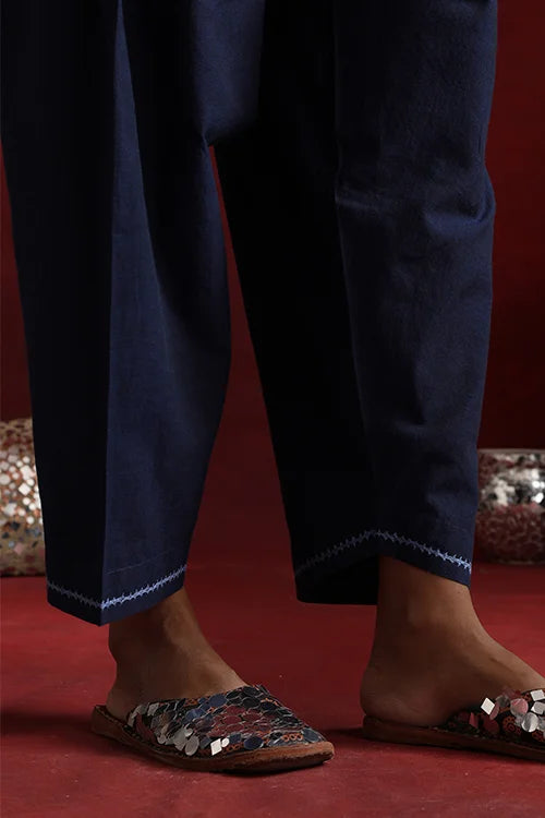 Okhai "Mahal" Hand-Embroidered Navy Blue Pure Cotton Kurta Salwar Set