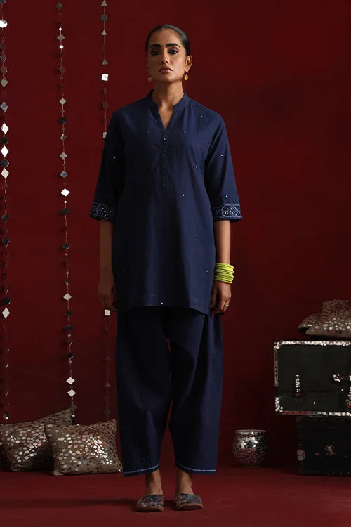 Okhai "Mahal" Hand-Embroidered Navy Blue Pure Cotton Kurta Salwar Set