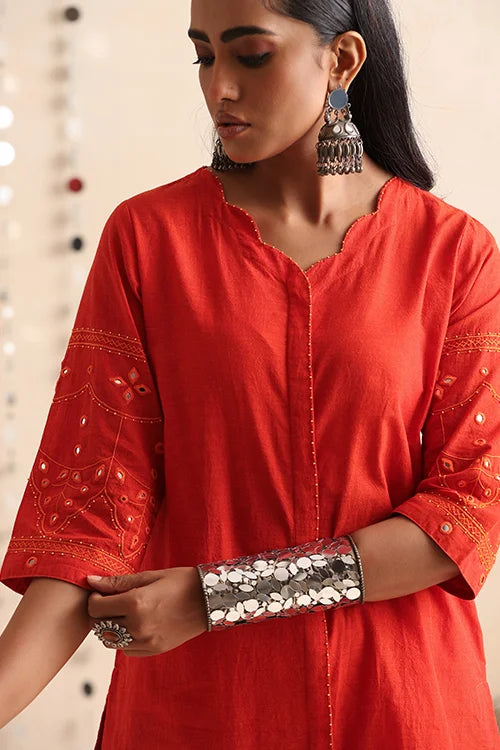 Okhai "Mirror Song" Hand-Embroidered Orange Pure Cotton Kurta Pant Set
