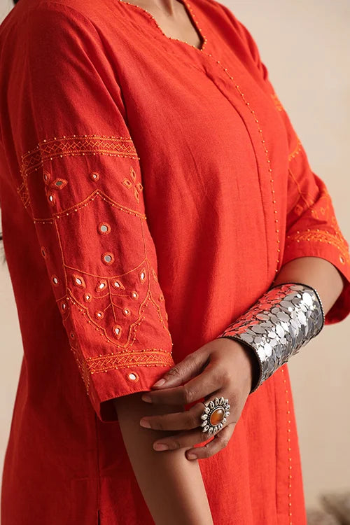 Okhai "Mirror Song" Hand-Embroidered Orange Pure Cotton Kurta Pant Set