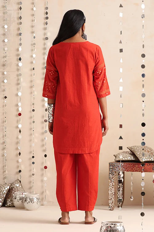 Okhai "Mirror Song" Hand-Embroidered Orange Pure Cotton Kurta Pant Set