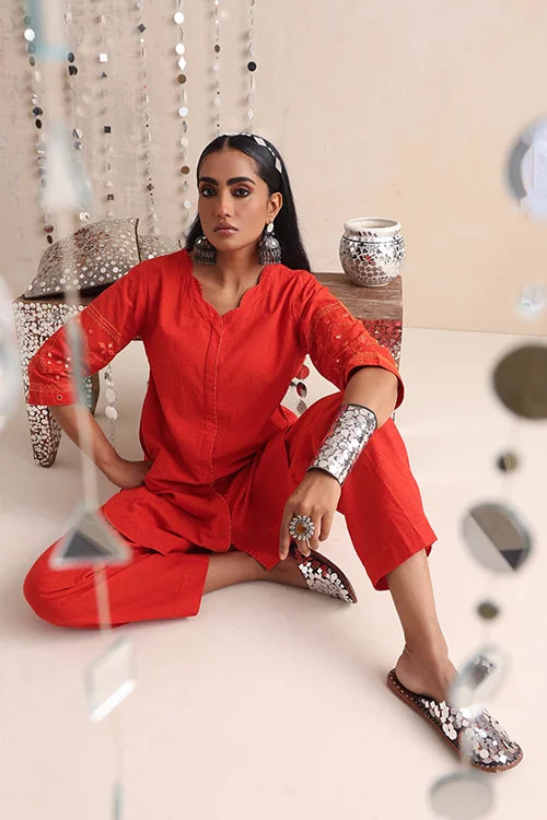 Okhai "Mirror Song" Hand-Embroidered Orange Pure Cotton Kurta Pant Set