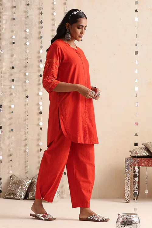 Okhai "Mirror Song" Hand-Embroidered Orange Pure Cotton Kurta Pant Set