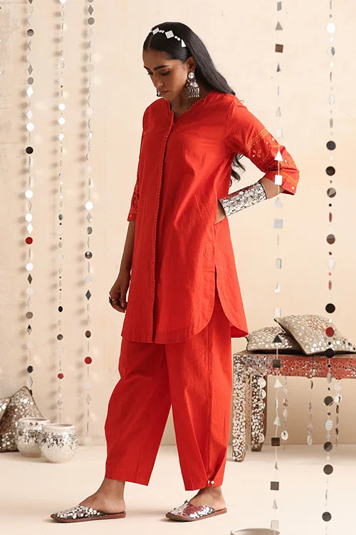 Okhai "Mirror Song" Hand-Embroidered Orange Pure Cotton Kurta Pant Set