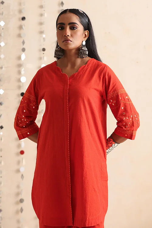 Okhai "Mirror Song" Hand-Embroidered Orange Pure Cotton Kurta Pant Set