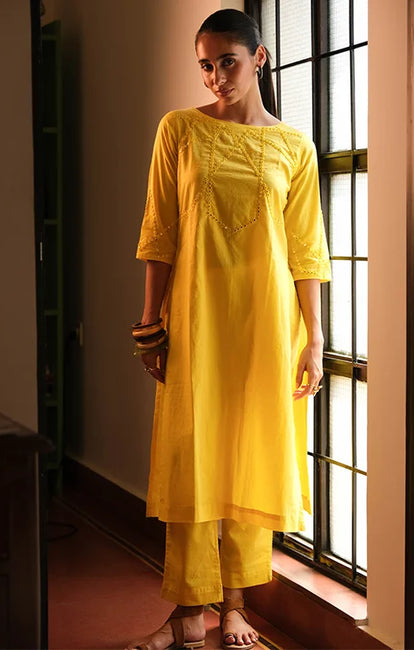 Okhai "Sunline" Hand-Embroidered Mirrorwork Pure Cotton Kurta Pant Set